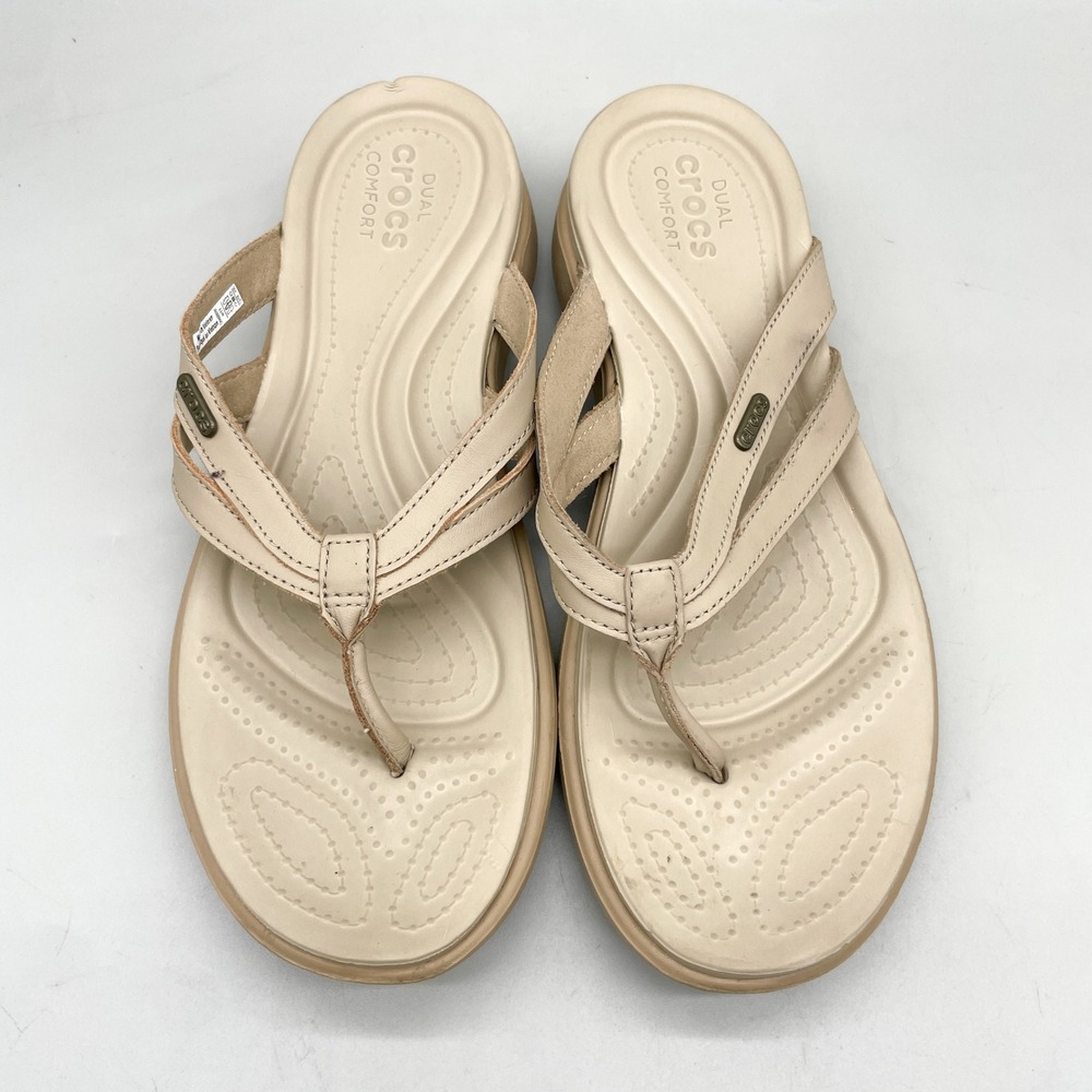 Crocs Womens 11 Capri V Flip Flop Wedge Sandals Beige Comfort Summer Beach Boho
